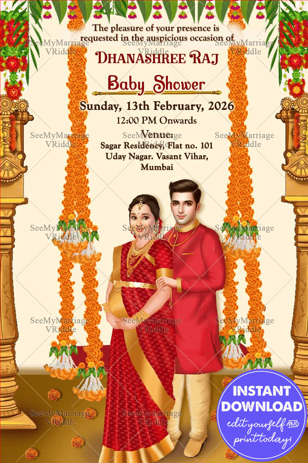 Couple Caricature Theme Baby Shower Invitation Card With Marigold Swing, Hanging Flower, Temple Pillar