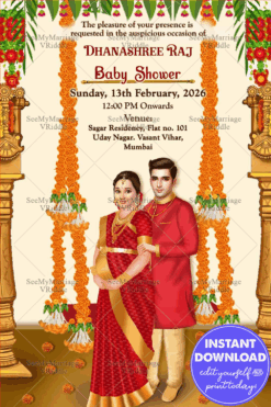 Couple Caricature Theme Baby Shower Invitation Card With Marigold Swing, Hanging Flower, Temple Pillar