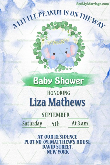 Cute Elephant Theme Baby Shower Invitation Card Decorated With Watercolor Effect In Blue Color Theme