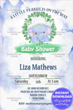 Cute Elephant Theme Baby Shower Invitation Card Decorated With Watercolor Effect In Blue Color Theme