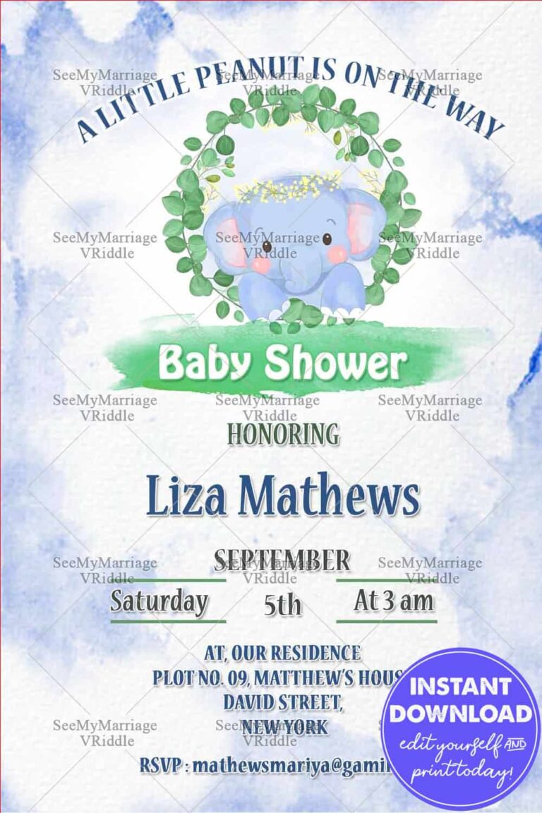 Cute Elephant Theme Baby Shower Invitation Card Decorated With Watercolor Effect In Blue Color Theme