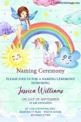 Cute Fairy Naming Ceremony Invitation With Rainbow, Clouds, Stars, Sun Shine And Unicorn In Light Green Color Background