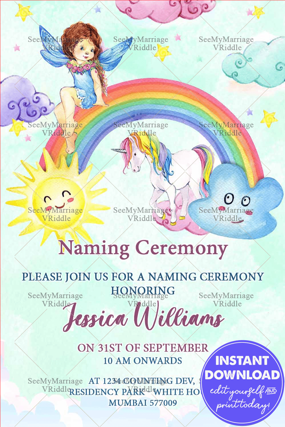 Cute Fairy Naming Ceremony Invitation With Rainbow, Clouds, Stars, Sun Shine And Unicorn In Light Green Color Background