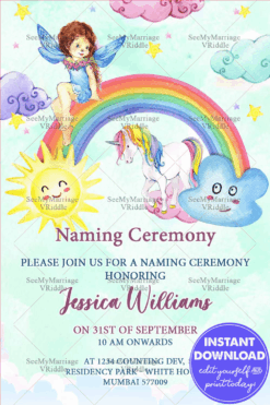 Cute Fairy Naming Ceremony Invitation With Rainbow, Clouds, Stars, Sun Shine And Unicorn In Light Green Color Background