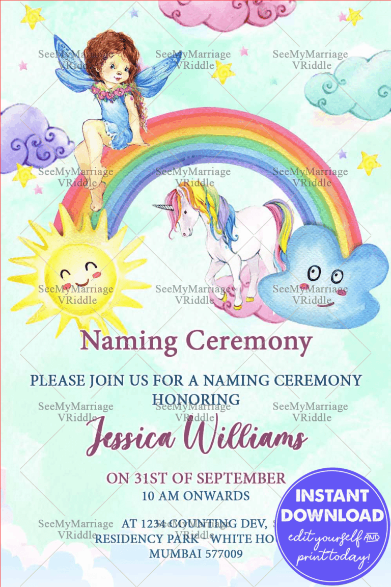 Cute Fairy Naming Ceremony Invitation With Rainbow, Clouds, Stars, Sun Shine And Unicorn In Light Green Color Background