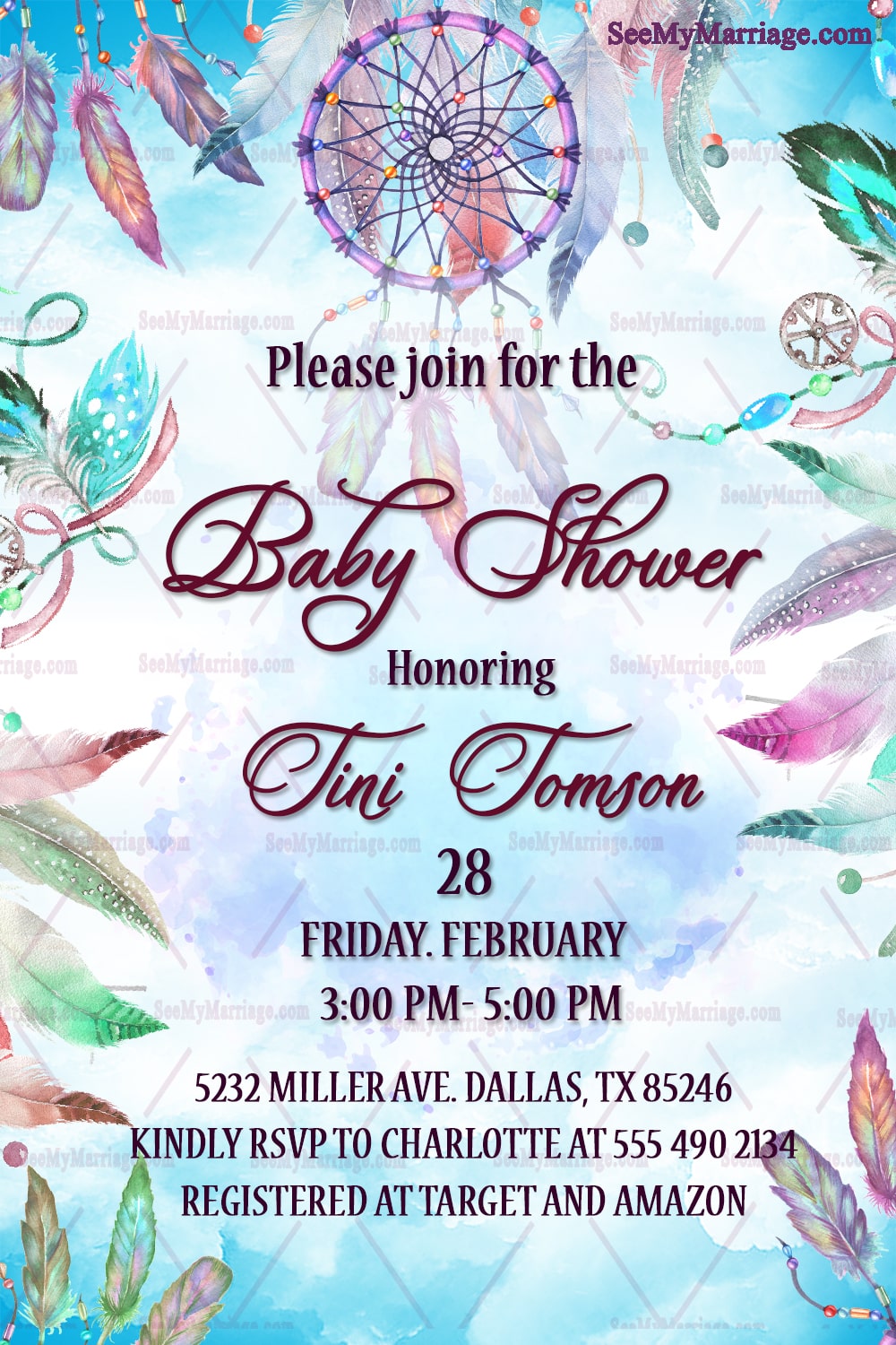 Dream Catcher Themed Baby Shower Invitation In Watercolor Background