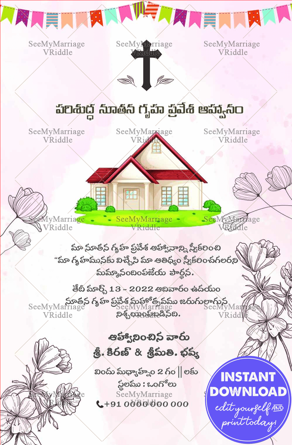 Floral Invitation with Simple Ink Reveal Theme For A Christian Housewarming