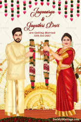 Hindu Style Caricature Wedding Invitation With The Background Of The Mandap, Flower Garland, Groom In A Traditional Dhoti And Bride In A Red Saree