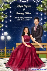 Lovely Couple Caricature Wedding Invitation Card With, Dark Blue Night Background, Hanging String Lights, Tree And Couple In suit And Bride In Gown