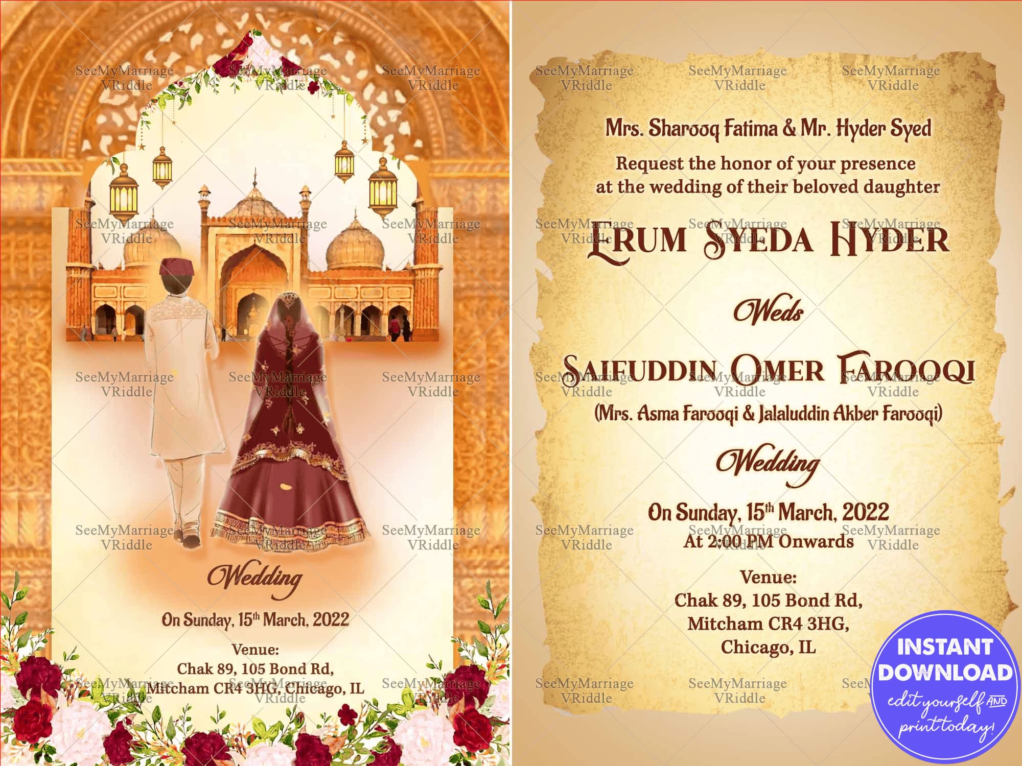 Muslim Style Wedding Invitation Card With Mahal Frame, Masjid, Hanging Lights, Flowers And Couple