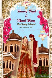 Punjabi Style Caricature Wedding Invitation Card With Mahal Frame Design, Blue Background, Palace Image, Bougainvillea And Couple In Traditional Kurta, Turban And Bride In Lehenga