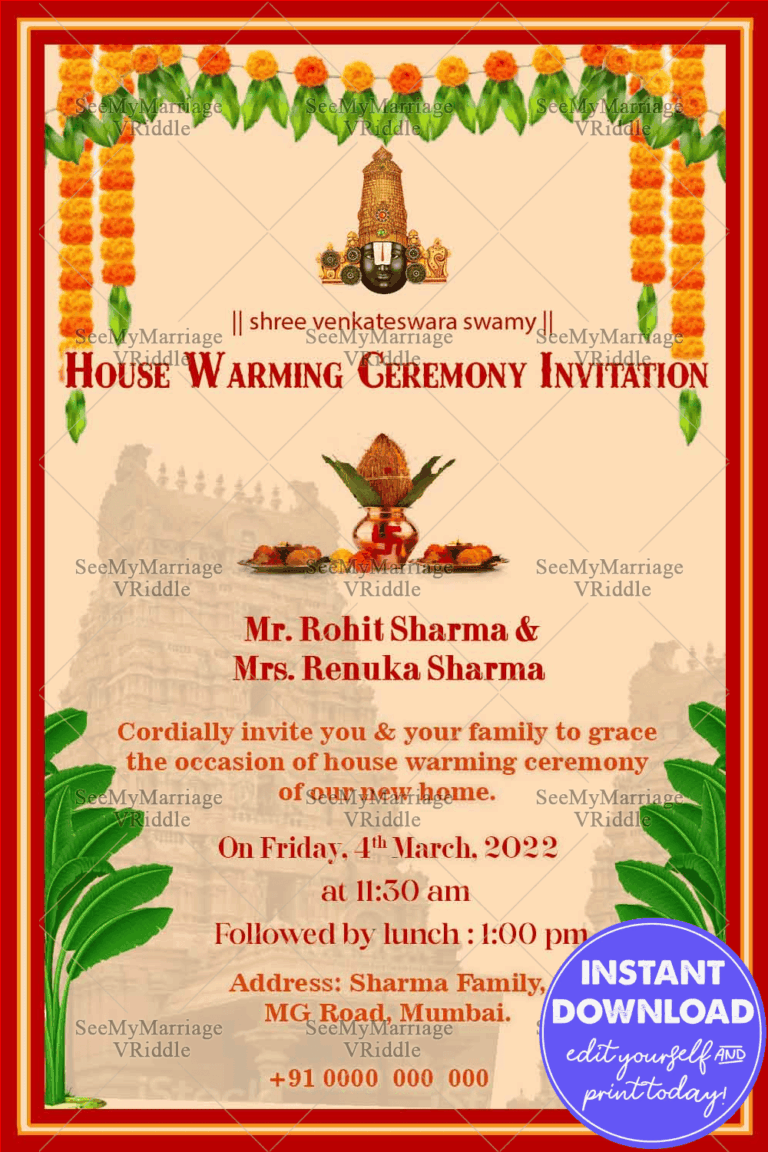 Red And Yellow Simple Border House Warming Invitation Card With The Holi Kalash