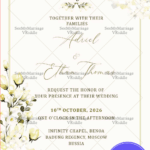 Russian Wedding Invitation Card Decorated With Magnolia Flower In Off White Theme