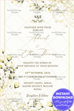 Russian Wedding Invitation Card Decorated With Magnolia Flower In Off White Theme