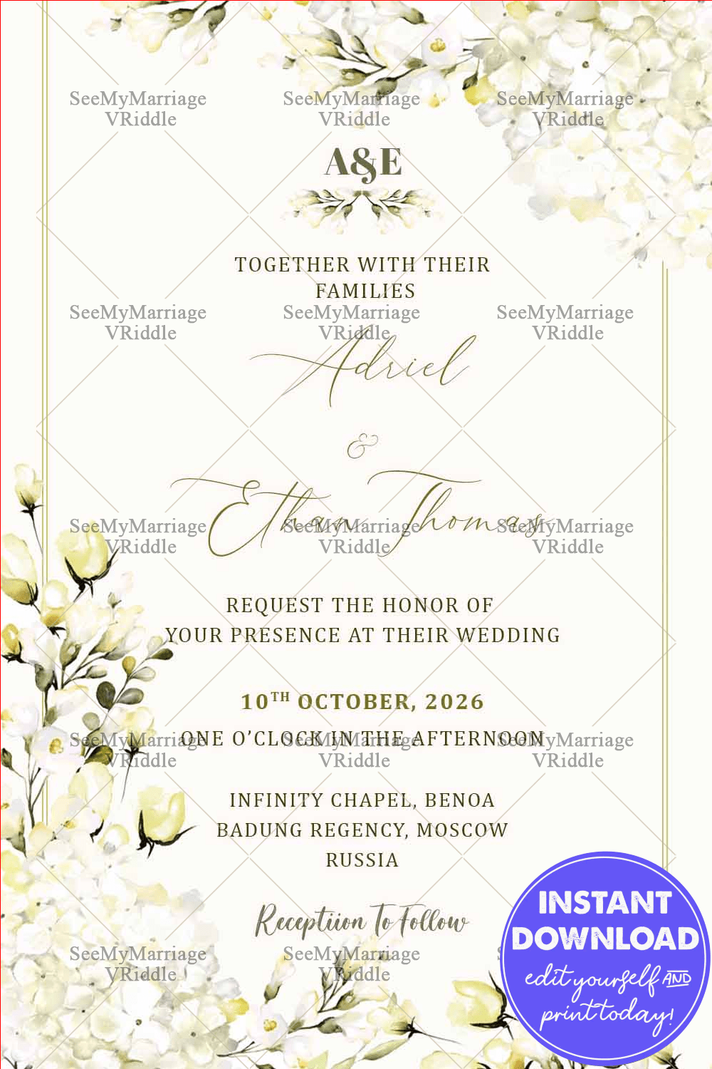 Russian Wedding Invitation Card Decorated With Magnolia Flower In Off White Theme