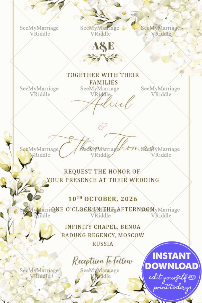 Russian Wedding Invitation Card Decorated With Magnolia Flower In Off White Theme