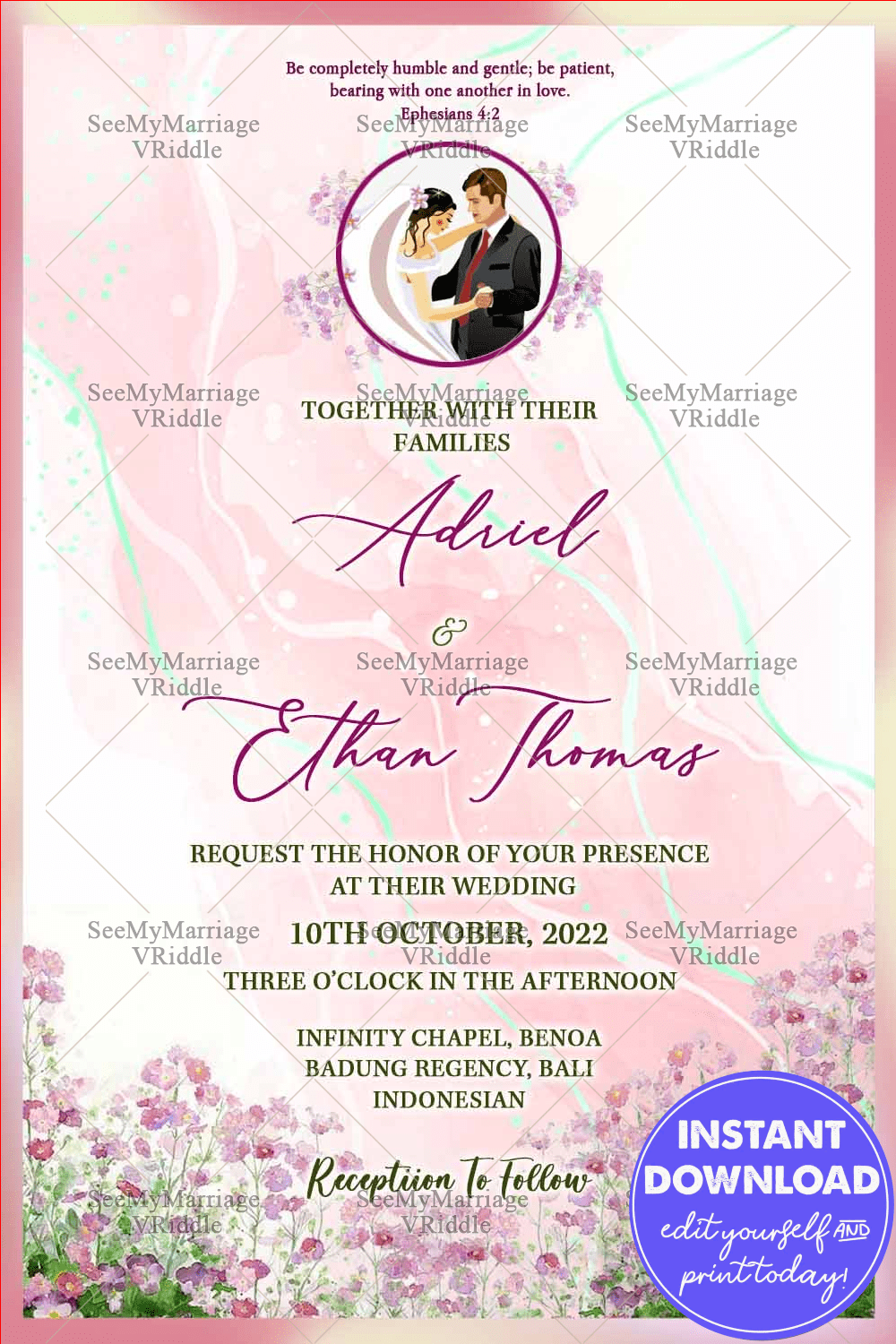 Russian Wedding Invitation Card Decorated With Purple Flower, Bride And Groom Photo Frame
