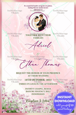 Russian Wedding Invitation Card Decorated With Purple Flower, Bride And Groom Photo Frame