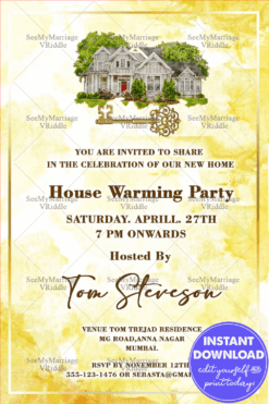Simple Housewarming Invitation Card With Yellow Watercolor Background, House And Key
