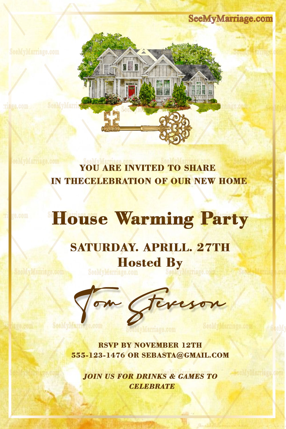 Simple Housewarming Invitation Card With Yellow Watercolor Background, House And Key