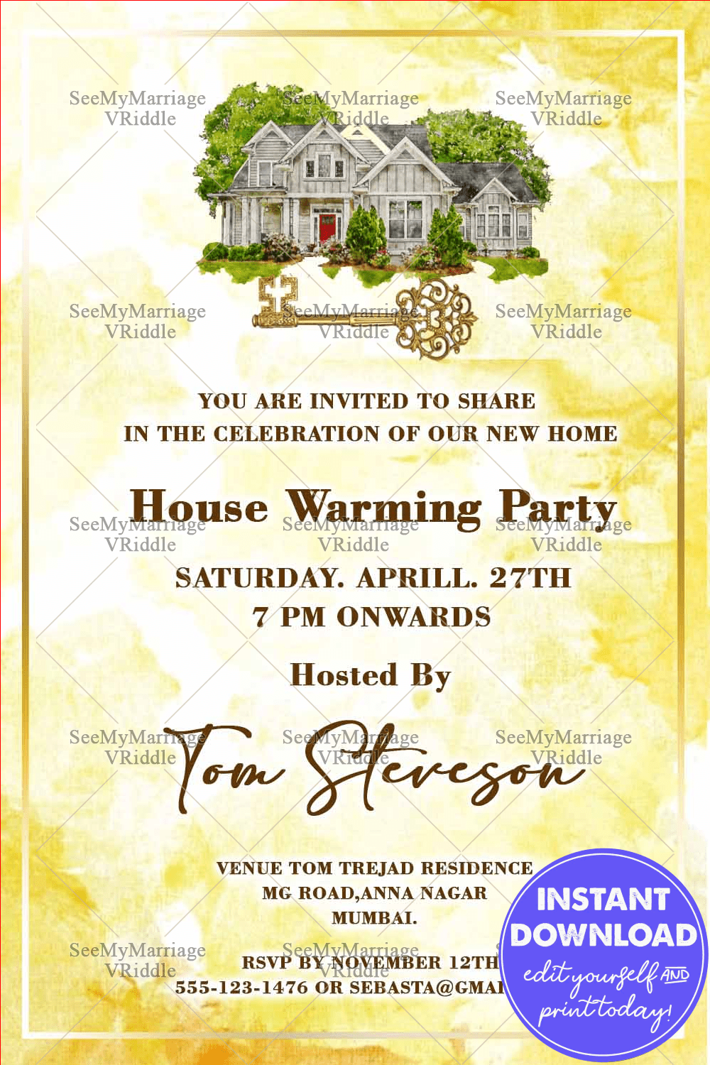 Simple Housewarming Invitation Card With Yellow Watercolor Background, House And Key