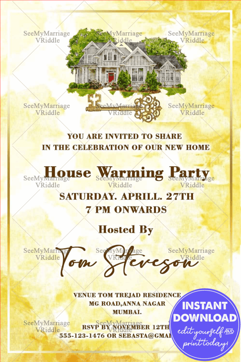Simple Housewarming Invitation Card With Yellow Watercolor Background, House And Key