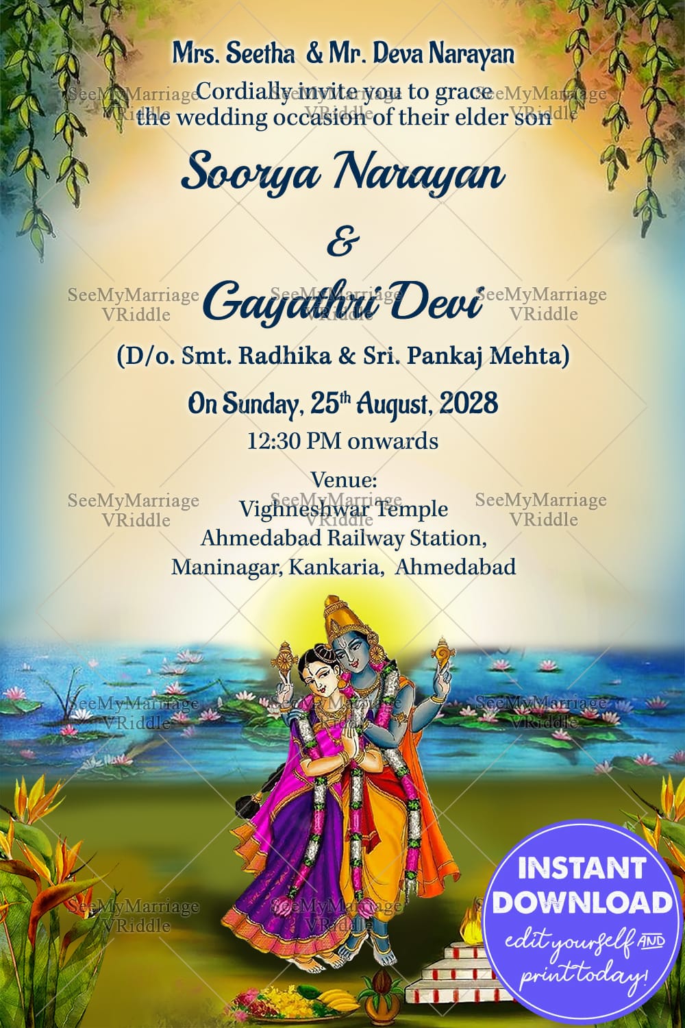 Traditional Radha Krishna Theme Wedding Invitation Card With Lake Water, Lotus Flower, Flower, Lake Water And Lotus Flower