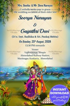 Traditional Radha Krishna Theme Wedding Invitation Card With Lake Water, Lotus Flower, Flower, Lake Water And Lotus Flower