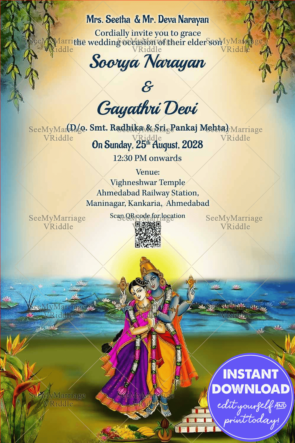 Traditional Radha Krishna Theme Wedding Invitation Card With Lake Water, Lotus Flower, Flower, Lake Water And Lotus Flower