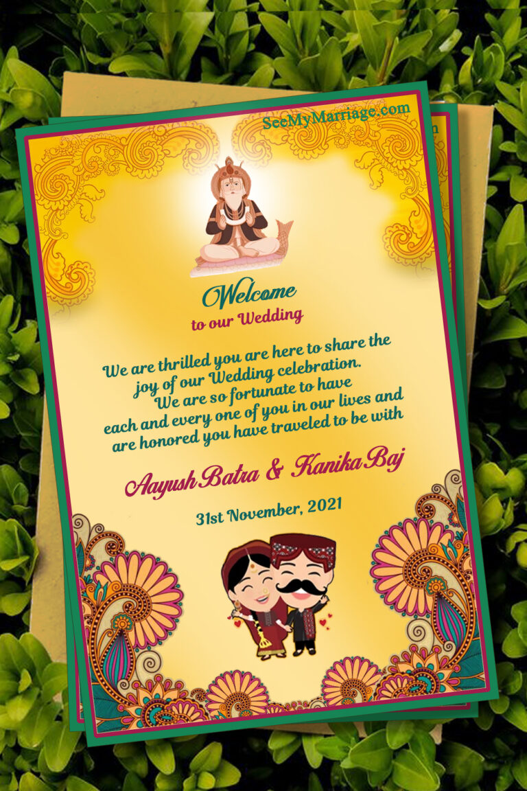 Traditional Sindhi Cartoon Couple Theme Wedding Invitation Card Decorated With Yellow Background And Floral Motifs