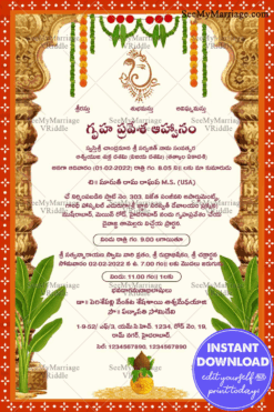 Traditional Telugu Housewarming Invitation Card Decorated With Temple Pillar, Flower Toran Banana Tree In Cream Color Background