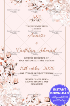 Undangan Pernikahan Indonesian Wedding Invitation Card Decorated With Light Brown Magnolia Flower In Pink Background Theme