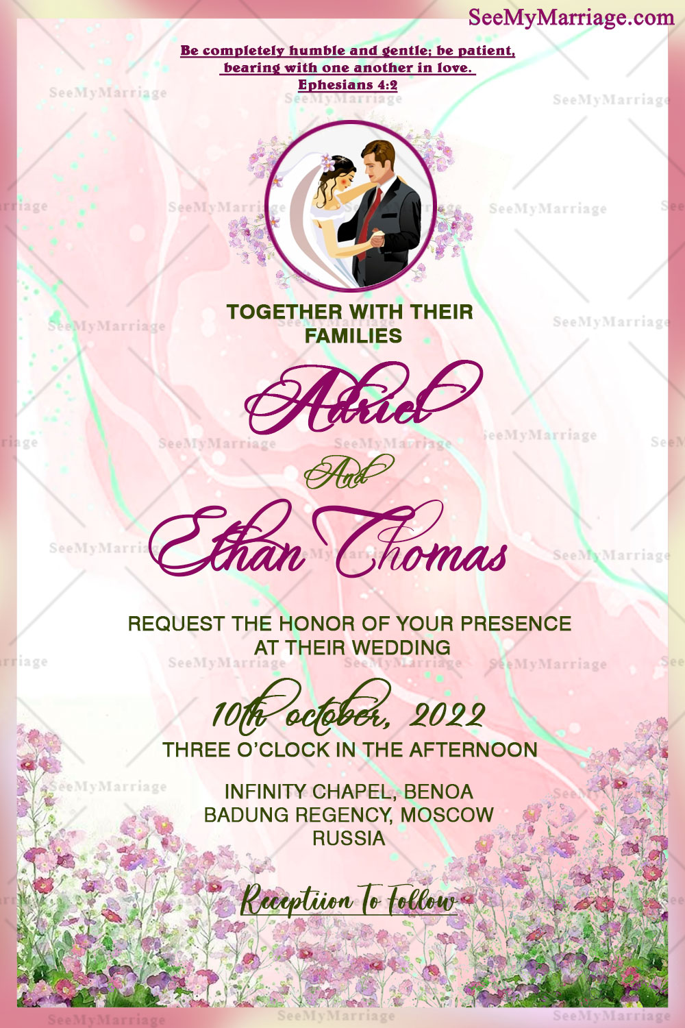 Russian Wedding Invitation Card Decorated With Purple Flower, Bride And Groom Photo Frame