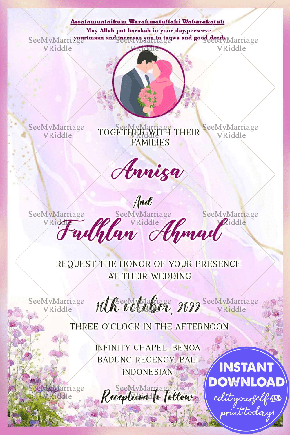 Undangan Pernikahan Indonesian Wedding Invitation Card Decorated With Purple Flower, Bride And Groom Photo Frame