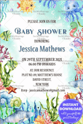 Under Sea Water Colorful Animal Themed Baby Shower Invitation Card