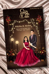 Lovely Couple Caricature Save The Date Invitation Card With, Dark Night Background, Hanging String Lights And Couple In suit And Bride In Gown