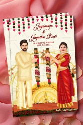 Hindu Style Caricature Wedding Invitation With The Mandap Background, Flower Garland, Groom In A Traditional Dhoti And Bride In A Red Saree