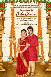 Couple Caricature Theme Baby Shower Invitation Card With Marigold Swing, Hanging Flower, Temple Pillar