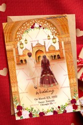 Muslim Style Wedding Invitation Card With Mahal Frame, Masjid, Hanging Lights, Flowers And Couple