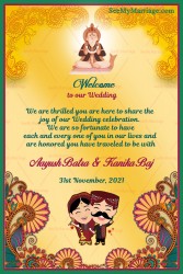 Traditional Sindhi Cartoon Couple Theme Wedding Invitation Card Decorated With Yellow Background And Floral Motifs