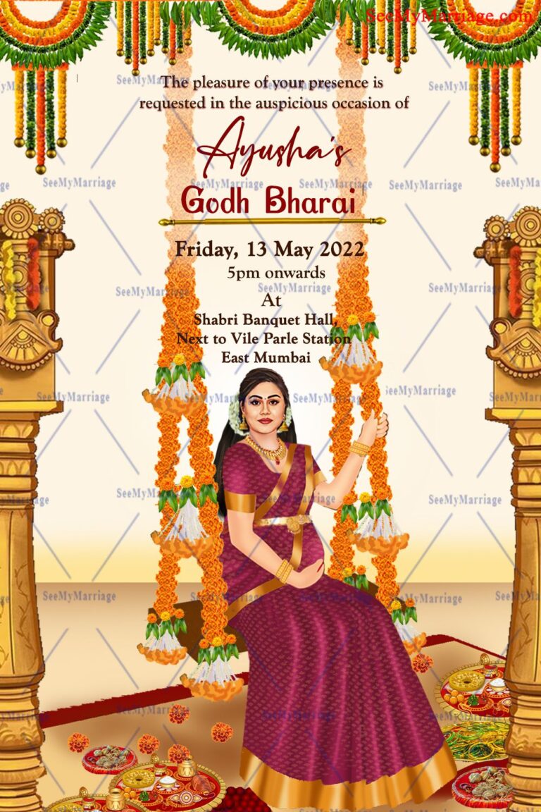 Traditional Video Invitation In Dreamy Peach Colour For Godh Bharai With A Caricature of Blooming Pregnant Woman On A Swing