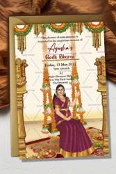 Traditional Caricature Theme Godh Bharai Invitation Card With Women Illustration Sitting On Swing Decorated With Flowers