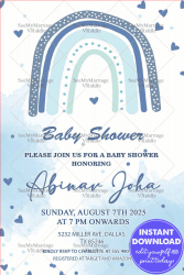 Simple Arc Theme Baby Shower Invitation Card With Watercolor Splash And Blue Heart Shape