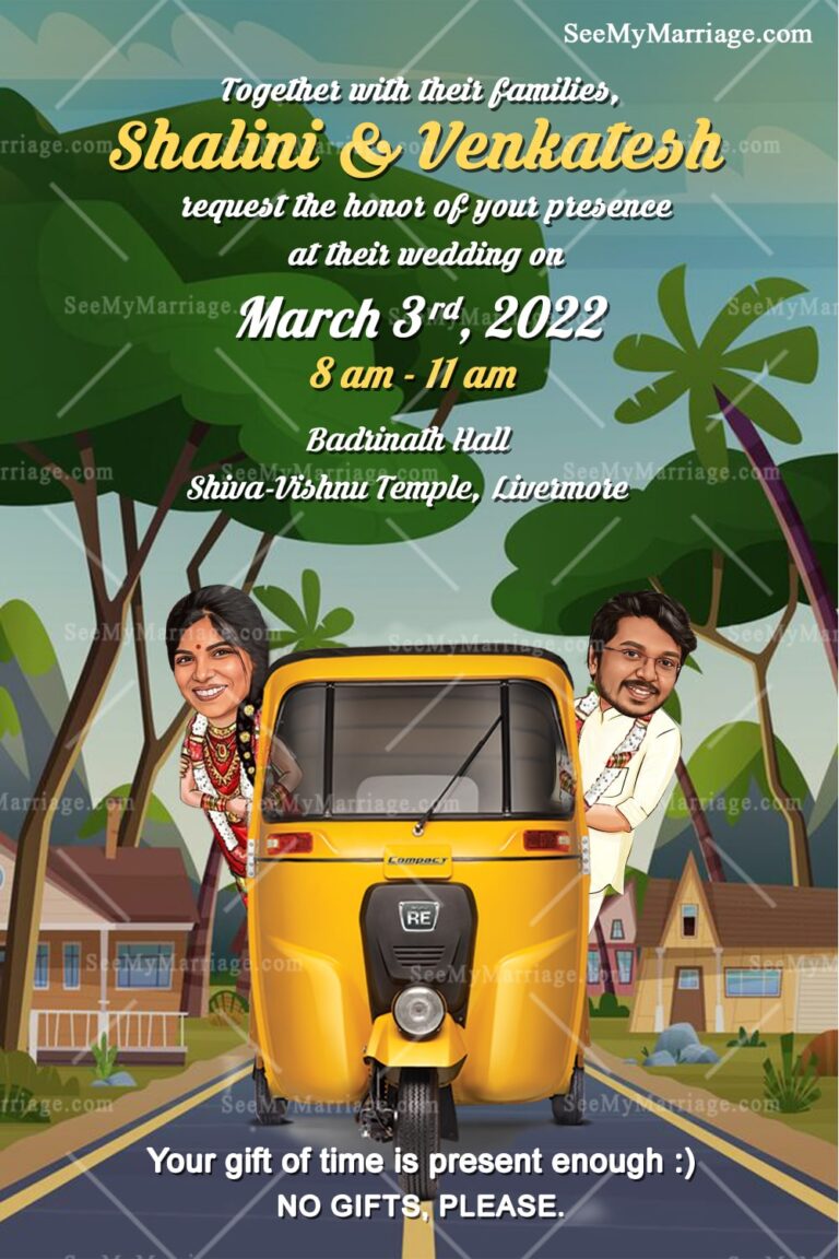 Fun Wedding Invitation With Caricature Couple In Auto Painting The Town Red