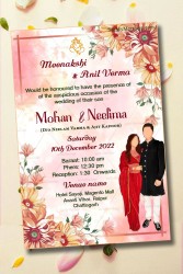 Red And Yellow Floral Theme Wedding Invitation Card With Couple Vector Illustration