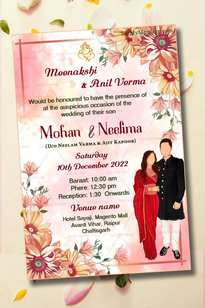 Red And Yellow Floral Theme Wedding Invitation Card With Couple Vector ...