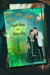 Attractive Green And Yellow Theme Wedding Invitation Card Hanging Diya And Couple Illustration