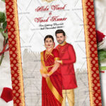 Caricature Wedding Invitation With The Light Temple Background, Red And Golden Border, Groom In Traditional Kurta And Bride In A Red Saree
