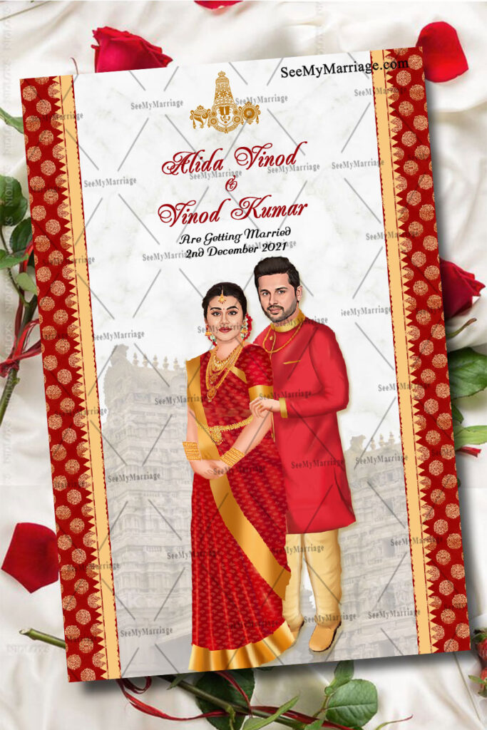 Caricature Wedding Invitation With The Light Temple Background, Red And Golden Border, Groom In Traditional Kurta And Bride In A Red Saree