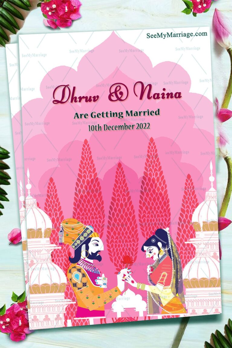 Traditional Raja Rani Theme Wedding Invitation Card With Palace In Pink Background